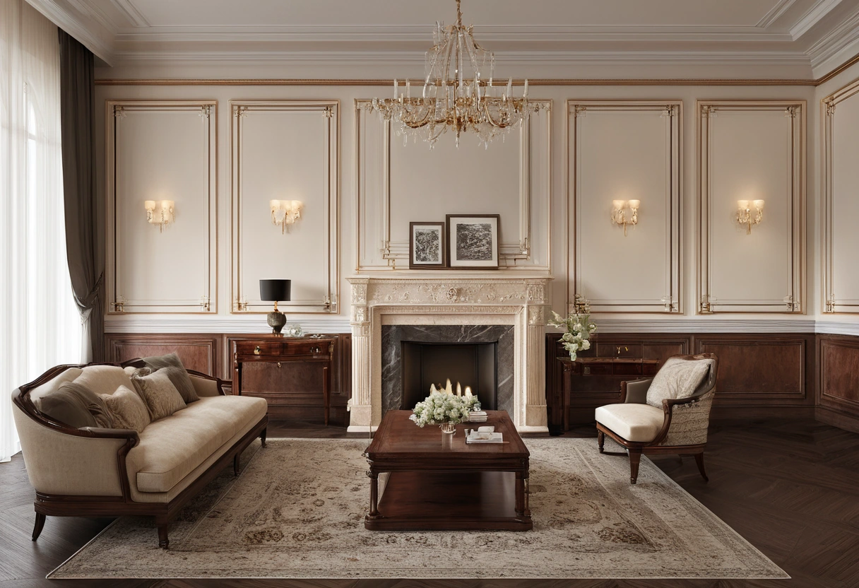 photorealistic interior photograph of a drawing room with brown mahogany furniture, cream upholstery and a